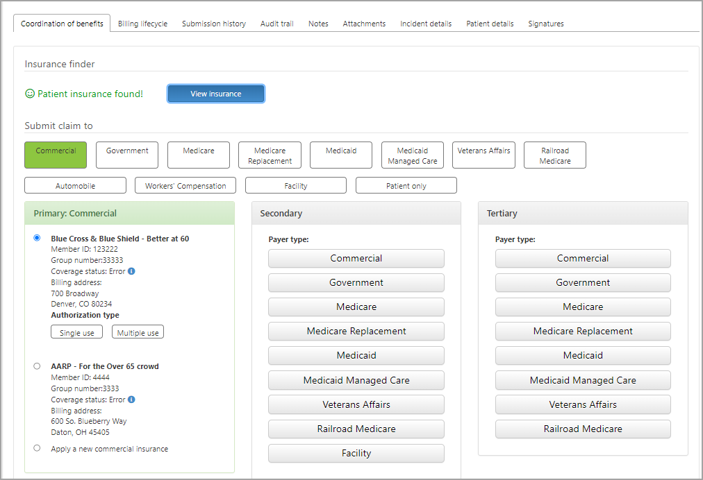 After adding the payer to the patient's account, the payer displays on the COB.